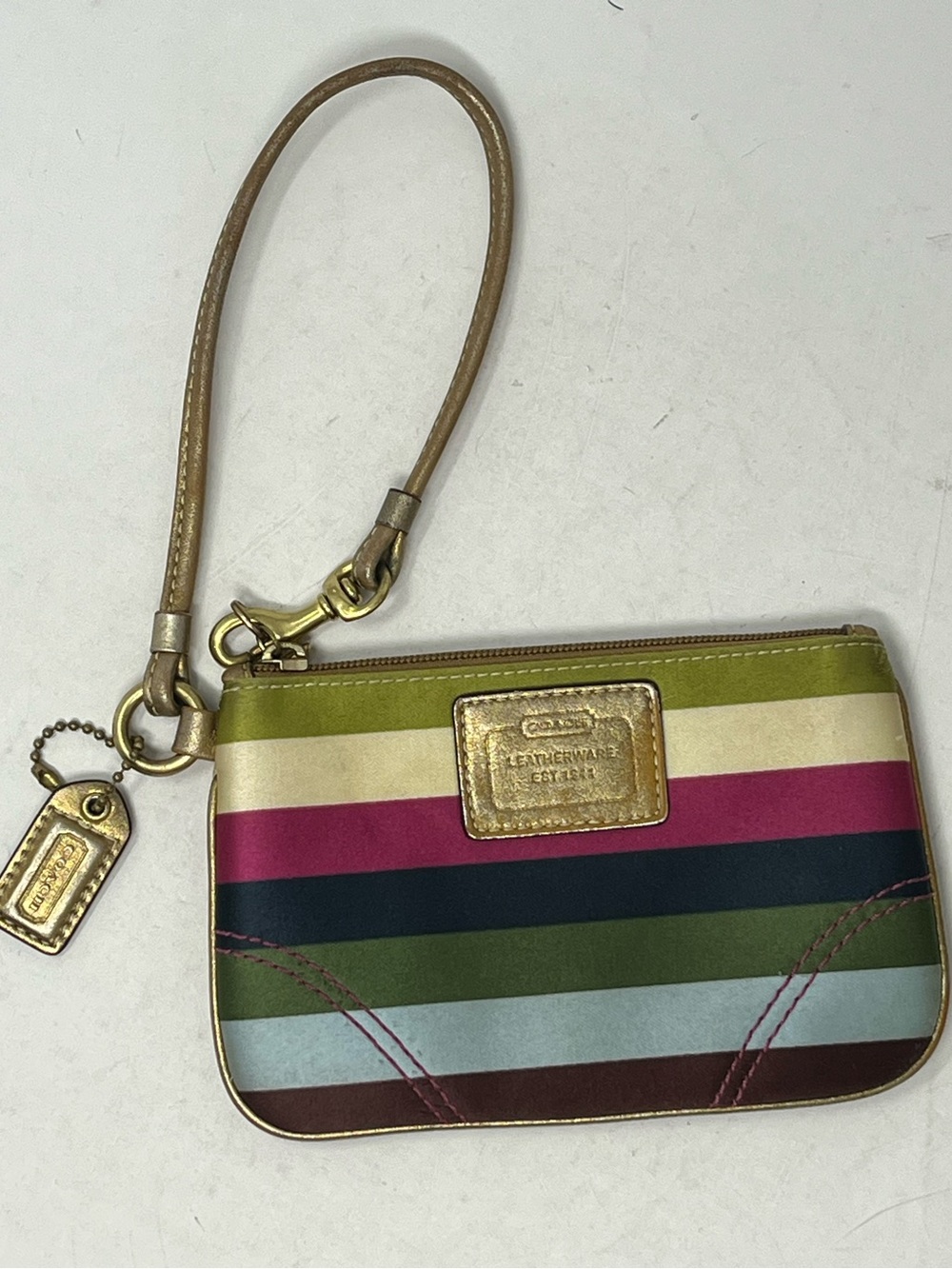 VINTAGE COACH LEGACY STRIPE WRISTLET WITH GOLD LEATHER TRIM AND HANG TAG